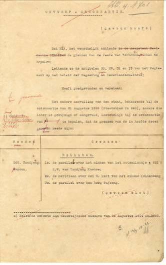 Konsep Keputusan Gubernur Jenderal Hindia Belanda  tanggal 4 November 1914 tentang batas wilayah aman untuk berlabuh kapal di Tanjungpandan