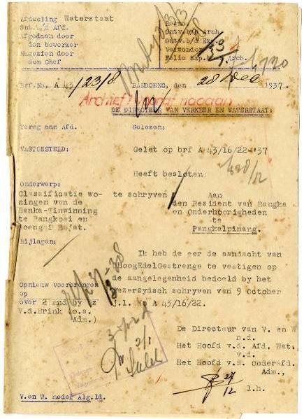  Surat dari Direktur Departemen Pengairan kepada Residen Bangka mengenai klasifikasi tempat tinggal bagi Perusahaan Tambang Timah