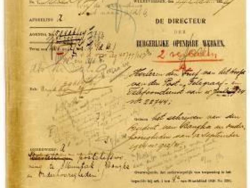 Keputusan Direktur Departemen Pekerjaan Umum mengenai anggaran pembangunan rumah untuk pegawai Pos, Telepon dan Telegraf di wilayah Muntok,  14 Oktober 1924