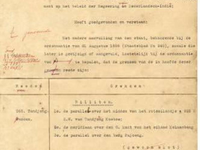 Konsep Keputusan Gubernur Jenderal Hindia Belanda  tanggal 4 November 1914 tentang batas wilayah aman untuk berlabuh kapal di Tanjungpandan