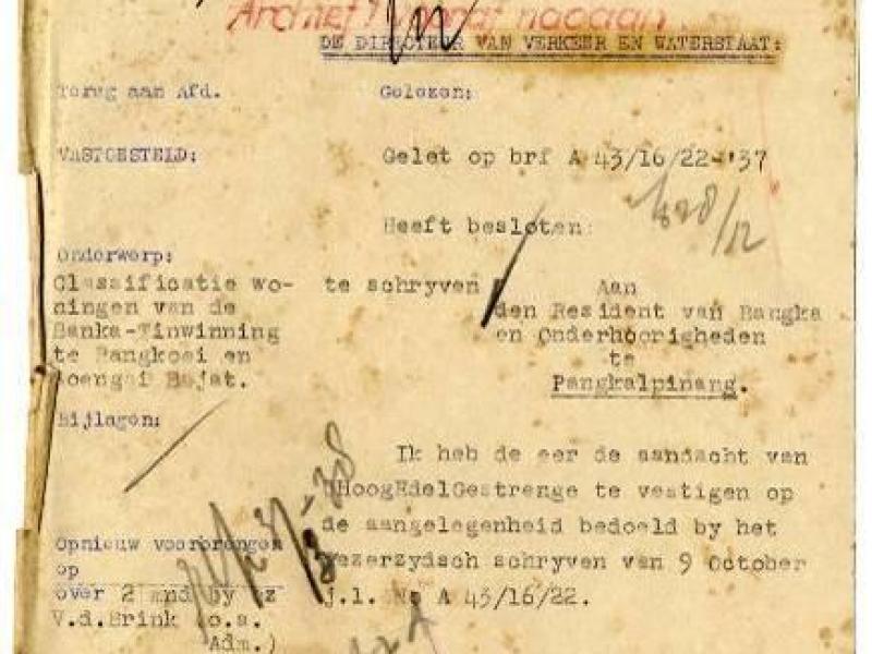  Surat dari Direktur Departemen Pengairan kepada Residen Bangka mengenai klasifikasi tempat tinggal bagi Perusahaan Tambang Timah